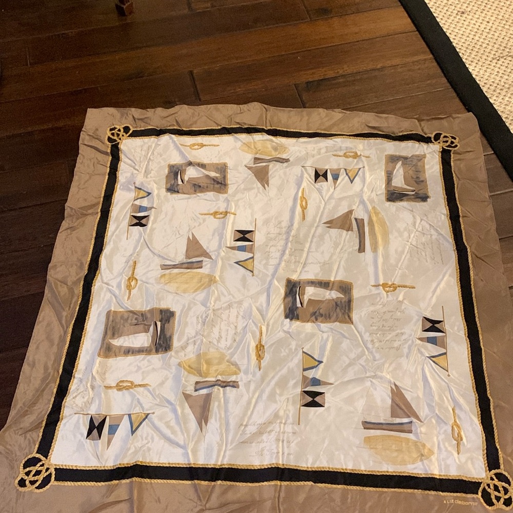 Liz Claiborne Silky Nautical themed scarf in tan, blue and black EUC